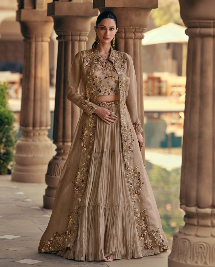 5532 - CHIKU COLOUR LEHENGA WITH FANCY KOTI FRONT AND BACK EMBROIDERED